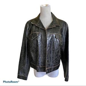 Neto black Perforated leather contrast flowers stitches classic moto jacket 10